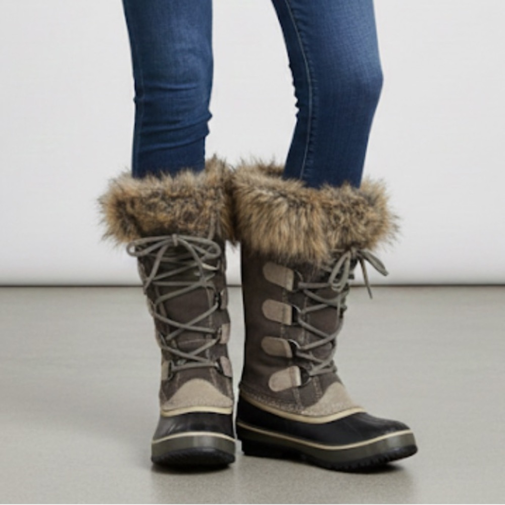 NEW Sorel Joan of Arctic Fur Lined Grey Brown Waterproof Winter Snow Boots 8